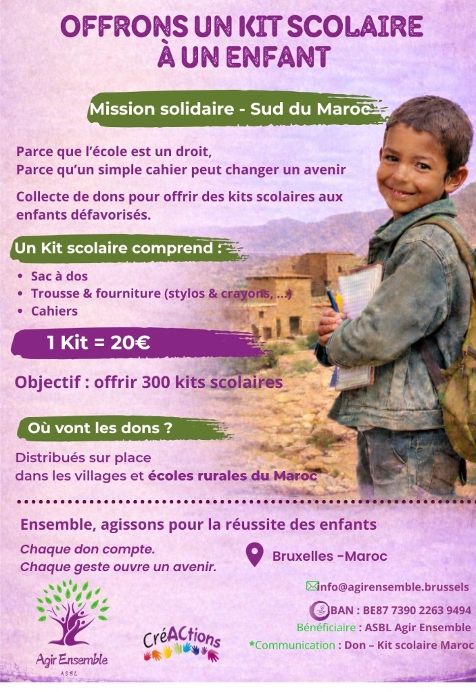 Affiche de la campagne « Offrons un kit scolaire à un enfant » d'Agir Ensemble